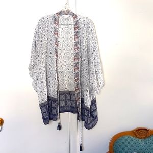 CJ BANKS Sz 1X Blue White Sheer Top Kimono Shawl 💠 open front cardigan Topper